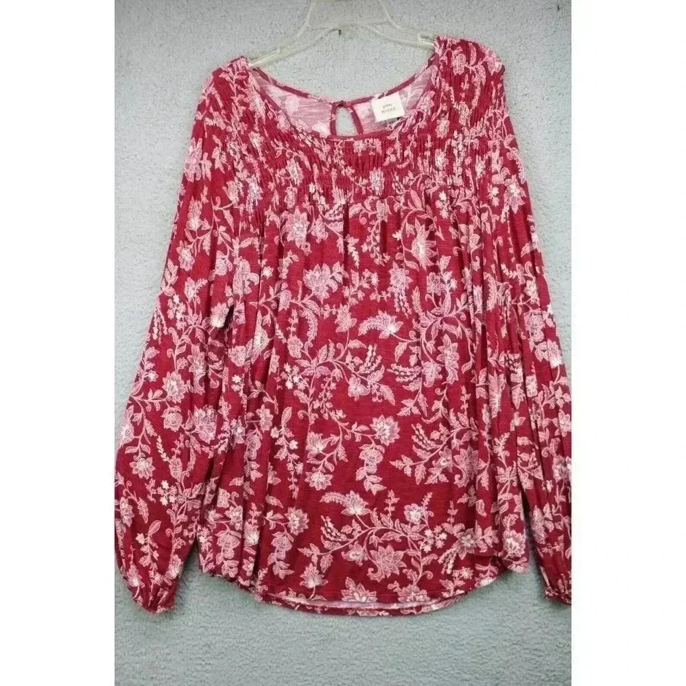 Knox Rose Burgundy Floral Tunic-Size XXL-Long Puff Sleeves-Smocked